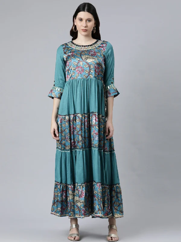 Boho - Chic Festival - Ready Style Neeru's Rama Color Satin Slik Fabric Printed Floral Dress