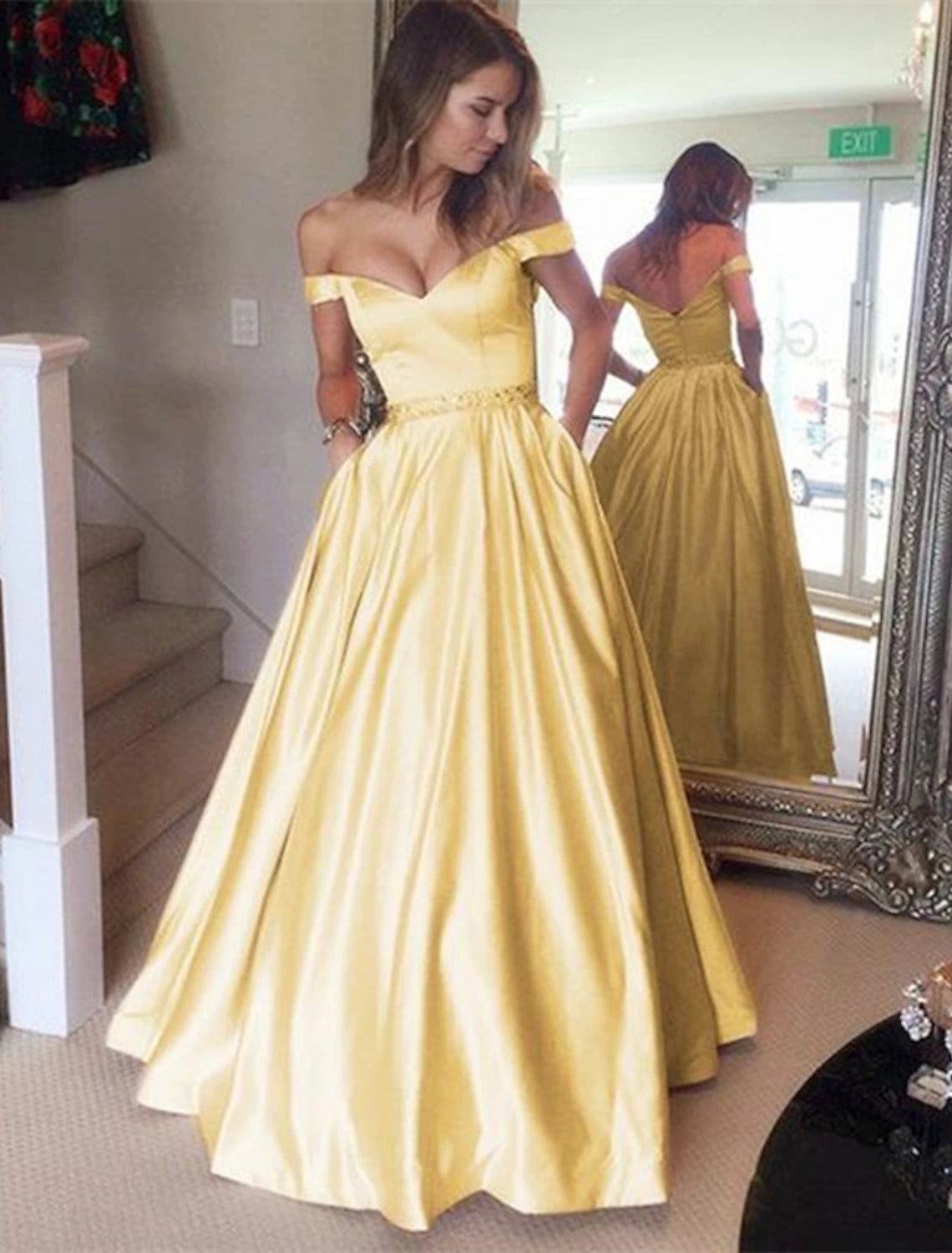 Trendy Styles Ball Gown Elegant Prom Formal Evening Dress Off Shoulder Backless Short Sleeve Floor Length Satin with Pleats Beading