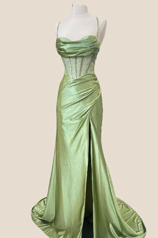 Update With Cottagecore Styles Sage Satin Cowl Neck Mermaid Formal Dress