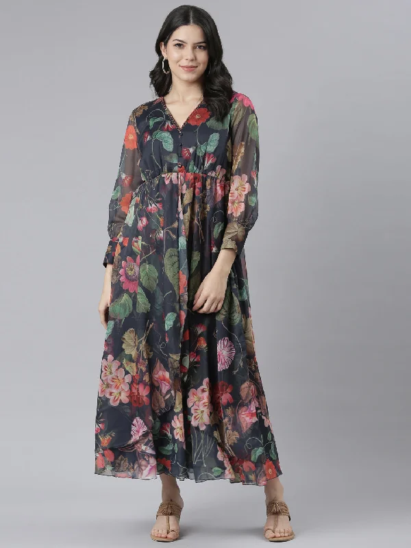 Mid - Week Surprise Neeru's Navy Blue Flared Casual Floral Dresses