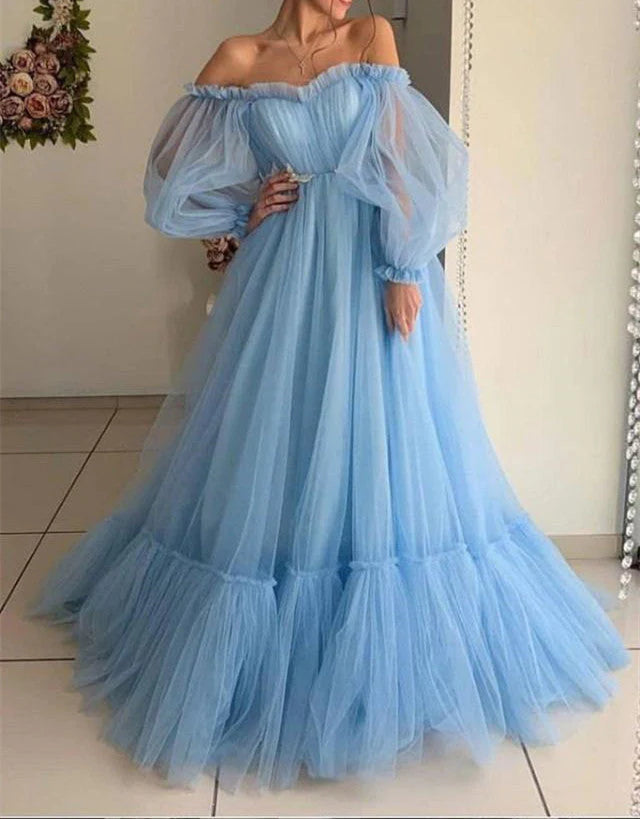 End Of Season Sale Blue Tulle Off the Shoulder Modern Prom Dresses Long Sleeve Quinceanera Dresses