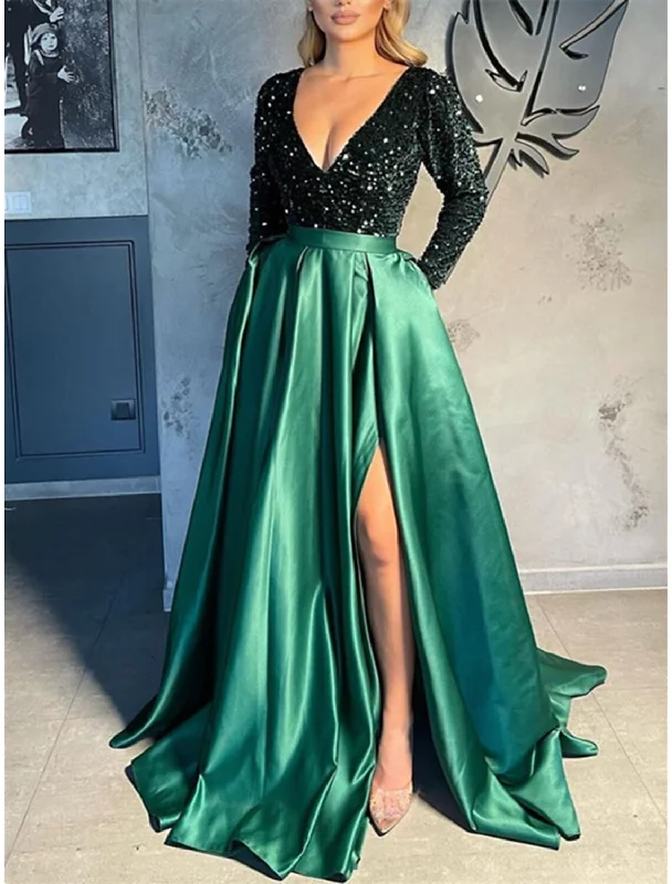 Boho - Chic Festival - Ready Style A-Line Celebrity Style Sparkle Sexy Party Wear Prom Dress V Neck Long Sleeve Sweep / Brush Train Satin with Slit Splicing