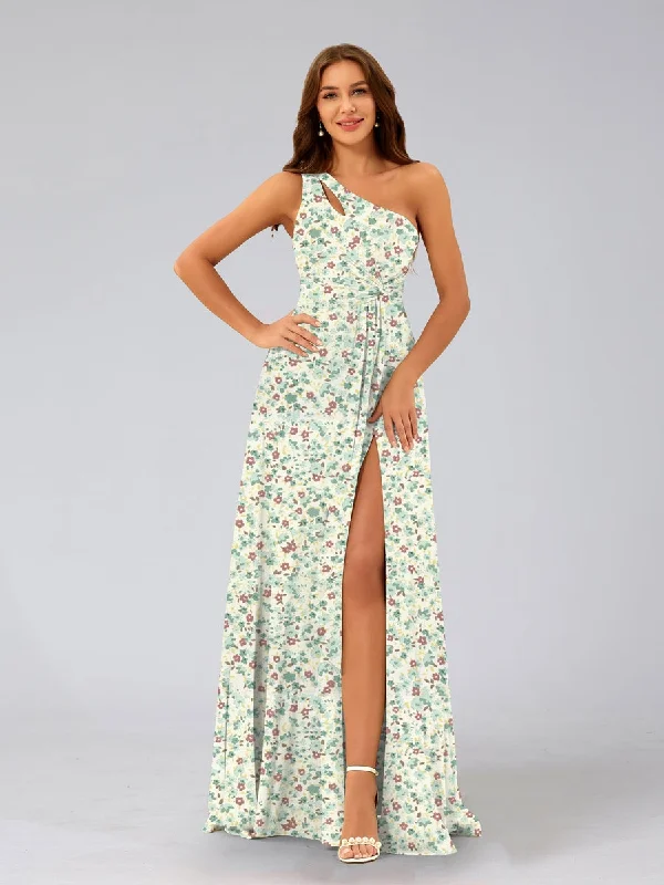 Limited - Edition Drops A-Line/Princess One-Shoulder Sleeveless Ruched Floral Bridesmaid Dresses