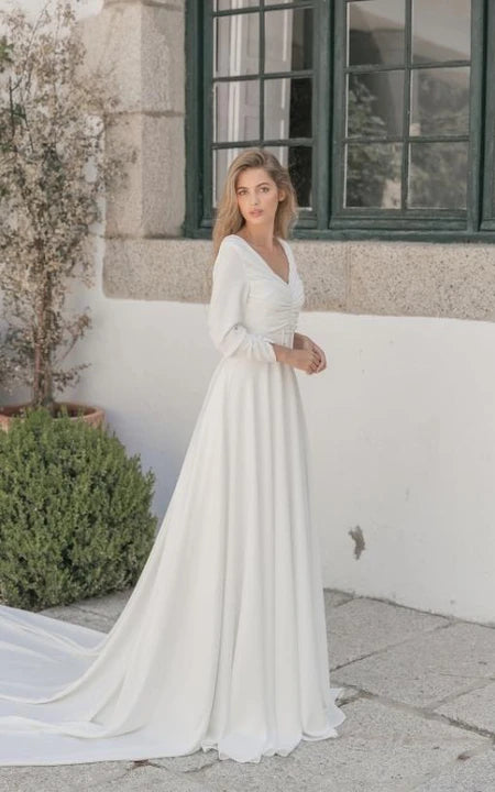 Cool Prices Chiffon Long Sleeve V-neck Sheer Empire Ruched A-line Wedding Dress with Belt