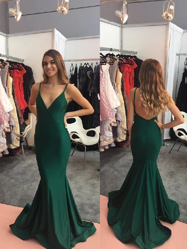 Casual Weekend Relaxed Style V Neck Spaghetti Straps Mermaid Backless Satin Emerald Green Long Prom Dresses, Emerald Green Formal Dresses, Evening Dresses