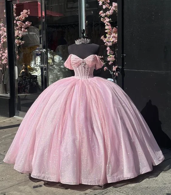 Exclusive Discount Glitter Off The Shoulder Pink Ball Gown,Pink Sweet 16 Dress,Pink Princess Dress  Y7002