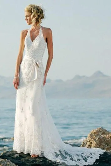 Summer Splash Sale sheath Sleeveless Halter Court Train Lace Wedding Dresses