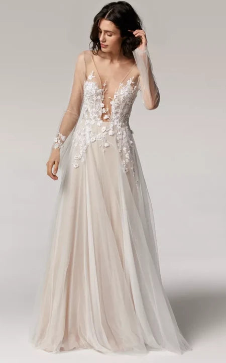 Save On Classic Elegant Styles Flowy Ethereal Tulle Illusion A-line Wedding Dress with Applique