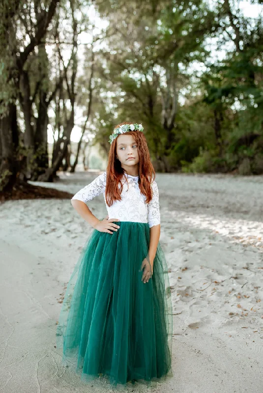 Feminine Soft - Hued Look Long Sleeve Dark Green Flower Girl Dress