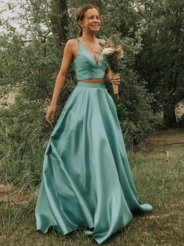 Flash Sale A Line V Neck 2 Pieces Green Satin Long Prom Dresses, Two Pieces Green Long Formal Evening Dresses