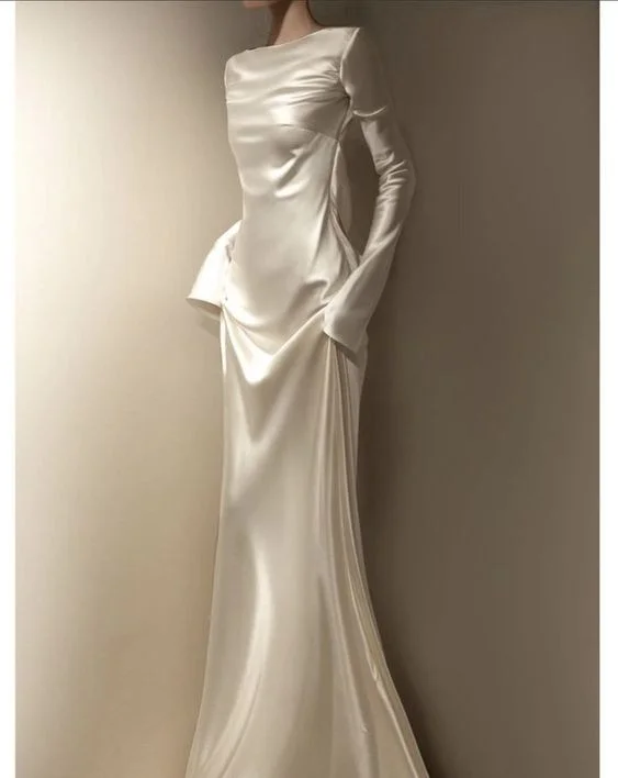 End Of Season Sale Elegant Ivory Long Sleeves Sheath Satin Long Formal Party Dress MD7575