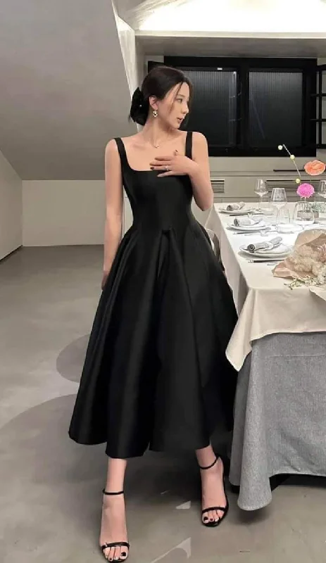 Hollywood Glam Award - Show Style Black Spaghetti Straps A-Line Satin Ankle Length Formal Party Dress MD7460