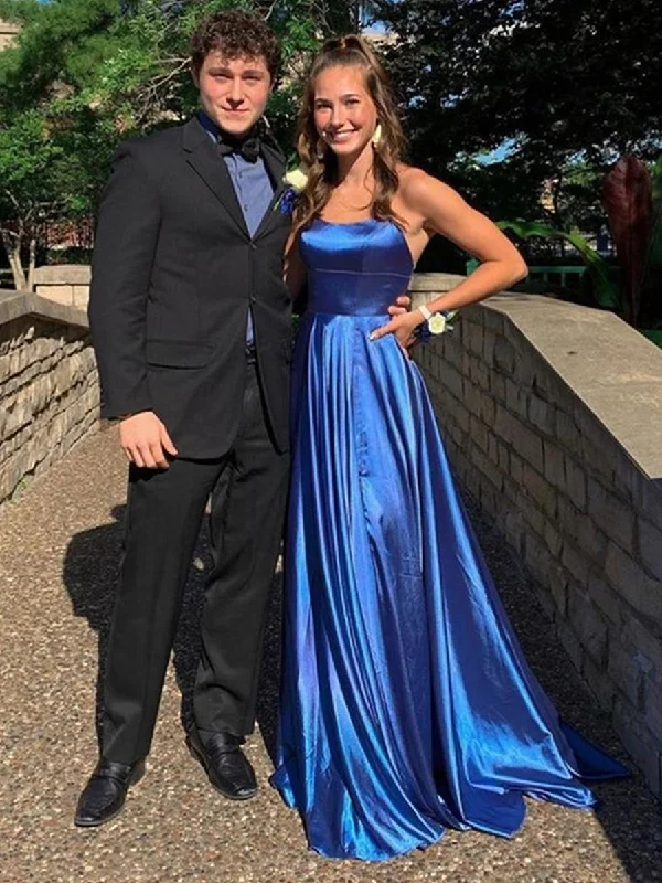 Feminine Soft - Hued Look A Line Backless Blue Satin Long Prom Dresses with Straps, Backless Blue Formal Graduation Evening Dresses