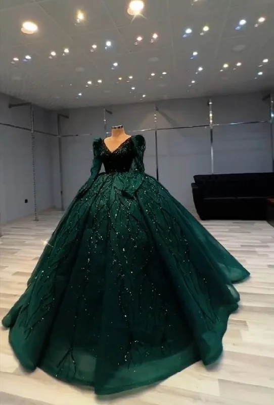 Y2K Nostalgic Fashion Look Luxurious Green Long Sleeves Ball Gown,Green Sweet 16 Dress Y6558