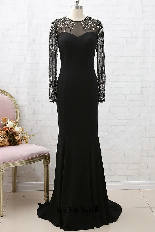 Nordic Minimalist Home Look Fit and Flare Long Sleeve Black Evening Dress