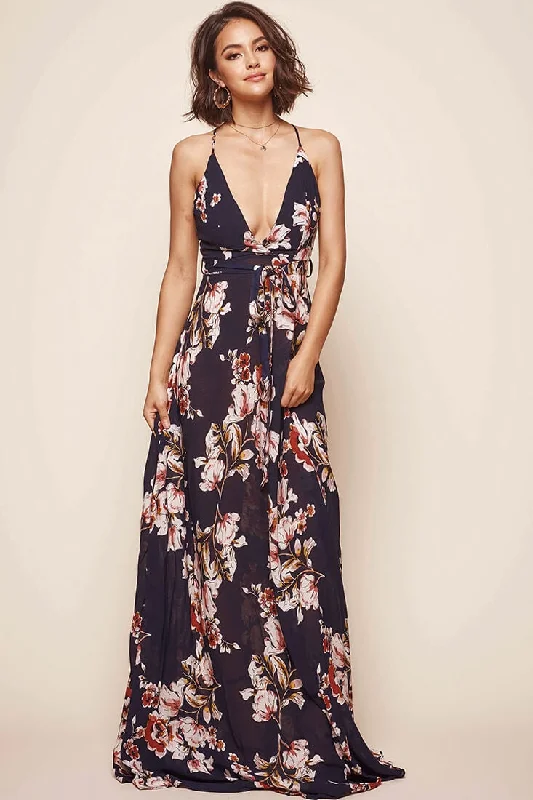 Last Chance Sale Calabasas Floral Waist Tie Maxi Dress Navy