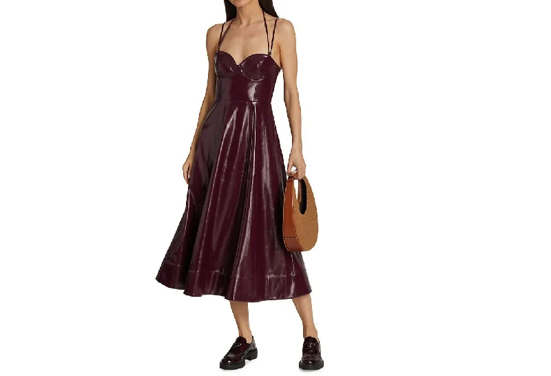 Elevate Your Wardrobe Staud Women Abstract Plum Burgundy Corset Faux Leather Midi Dress