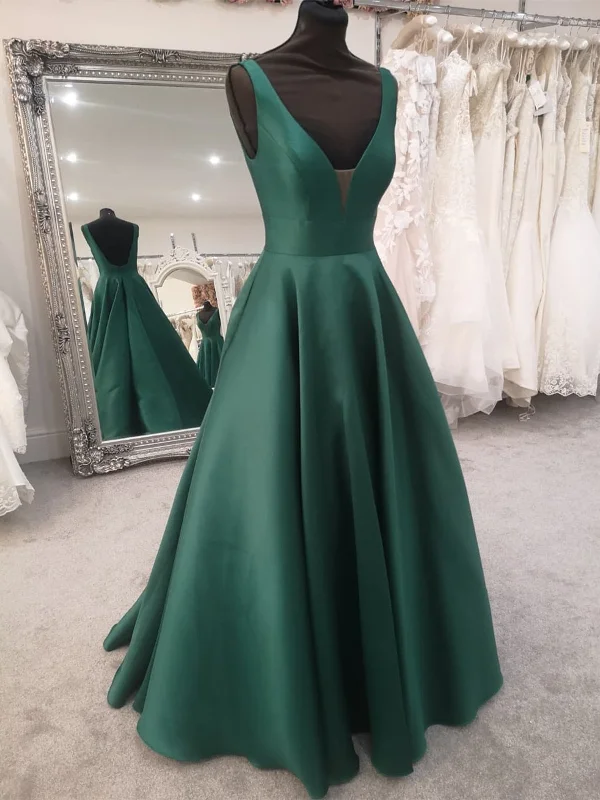 Elevate Your Wardrobe Green Satin V Neck Open Back Long Prom Dresses, V Neck Green Formal Evening Dresses SP2166