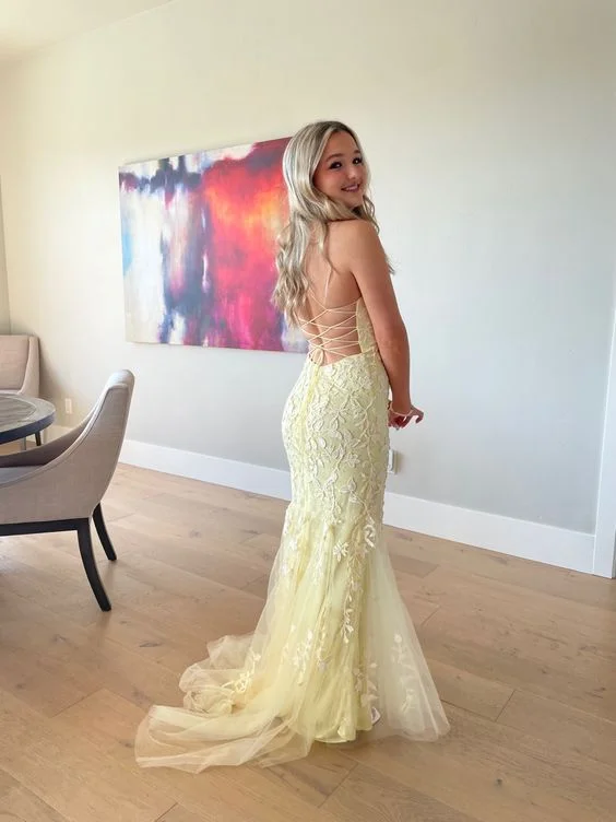 Now On Sale For Chic Urban Styles Elegant Yellow Backless Lace Prom Dress,Yellow Formal Gown Y7074