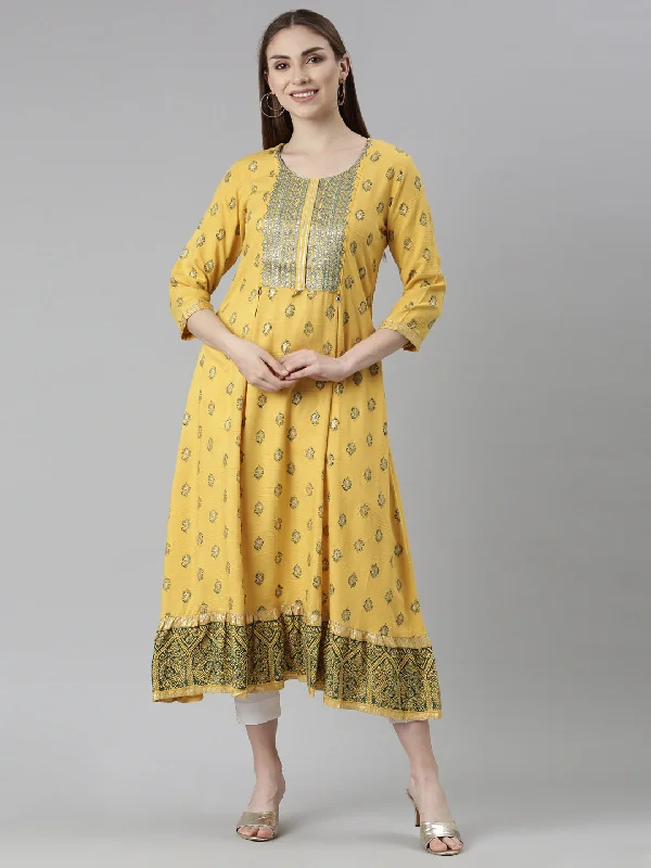 Spring Fling Sale Neeru's Mustard Straight Casual Floral Dresses