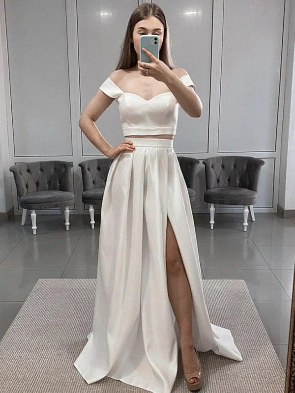 Mid - Season Sale Off Shoulder 2 Pieces White Satin Long Prom Dresses, Two Pieces White Formal Dresses, Off the Shoulder White Evening Dresses