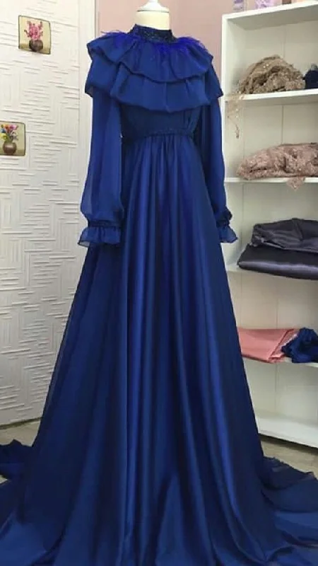 Summer Essentials Modest Royal Blue A-line Long Prom Dress,Royal Blue Formal Gown Y6965