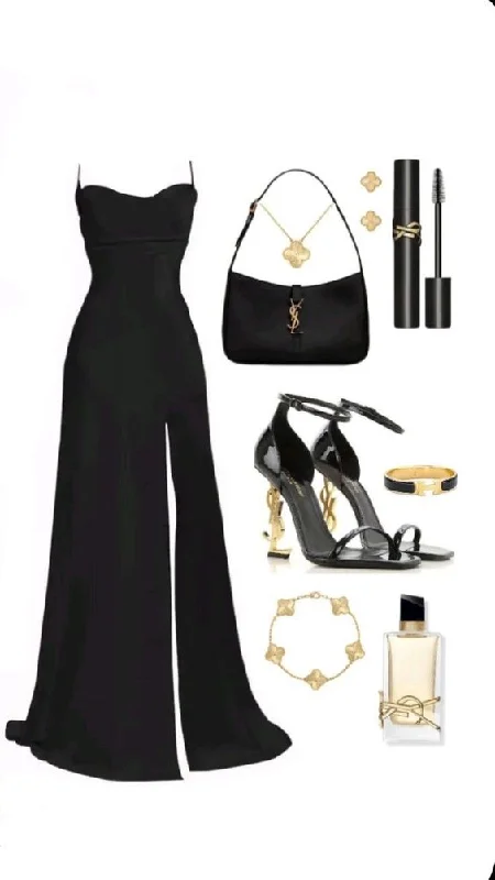 Style Upgrade Classy Black Spaghetti Straps Satin Long Party Dress with Slit MD7304