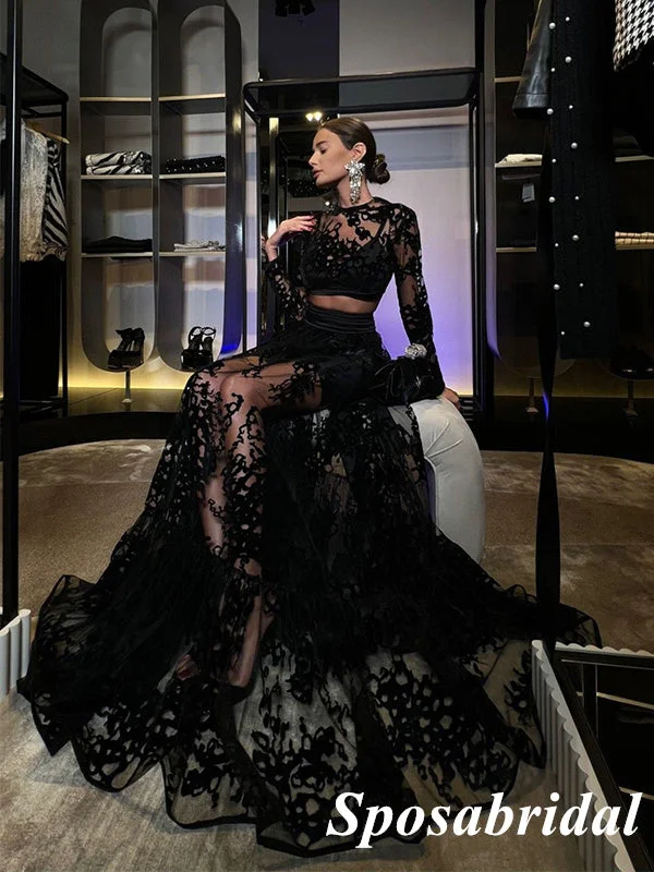 Great Deals On Ethnic Cultural Wear Elegant Black Lace Two Pieces Long Sleeves A-Line Long Prom Dresses, PD3796