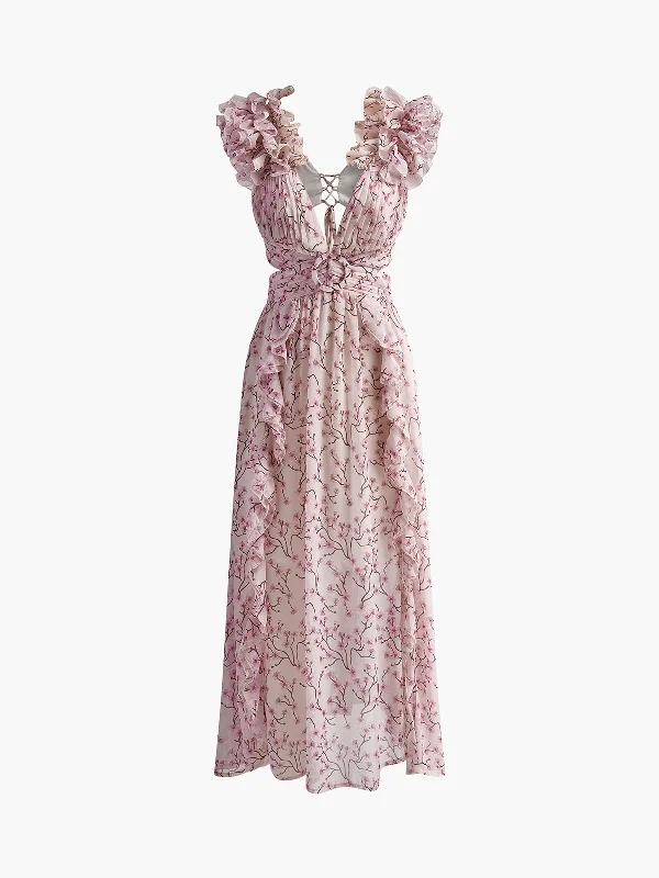 Women's Cozy Clothes V-Neck Cutout Ruffle Dress