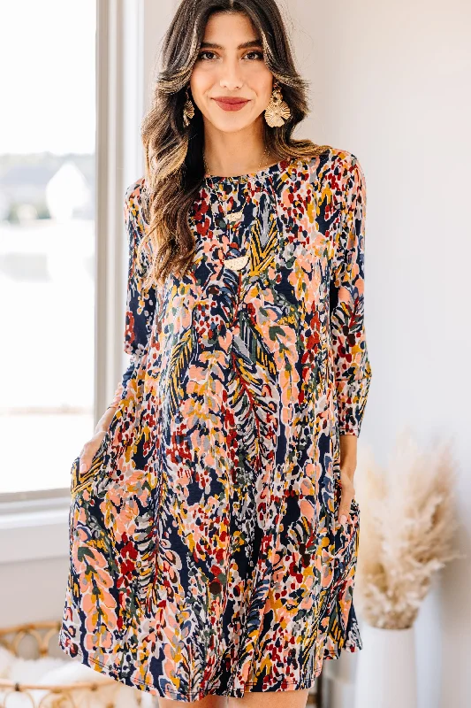 Limited - Stock Just You Wait Dark Navy Blue Floral 3/4 Sleeve Dress