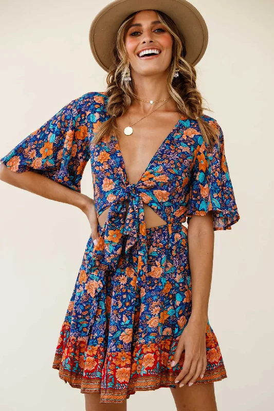 Hot Styles Suva Tie-Knot Bust A-Line Dress Floral Print Navy