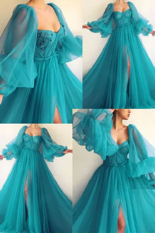 Father'S Day Deals Puff Sleeve Prom Dresses Side Slit A Line Evening Gowns Y514