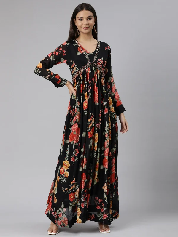 Huge Savings On Parisian Styles Neeru's Black Flared Casual Floral Dresses