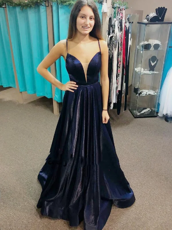 Fashion For Every Occasion V Neck Backless Navy Blue Satin Long Prom Dresses, Long Dark Blue Formal Graduation Evening Dresses