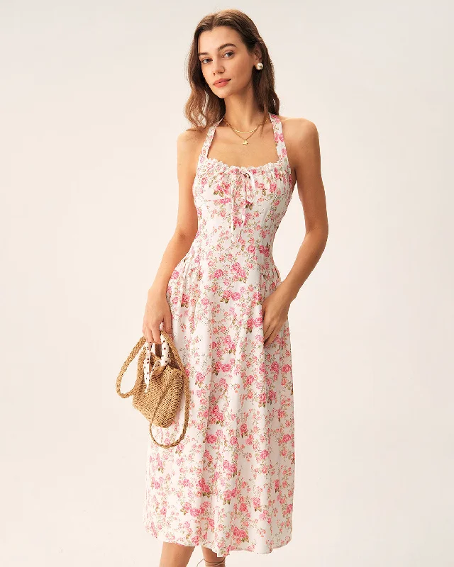 Trendy Styles Pink Floral Halter Midi Dress