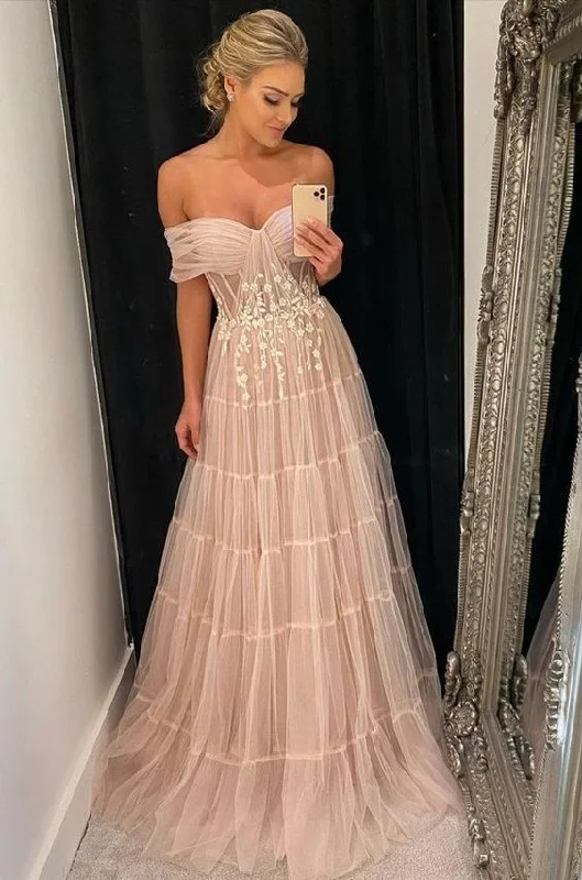 Big Savings On Rustic Countryside Styles Elegant Off The Shoulder Pink Tulle Prom Dress,Pink Formal Gown Y7058