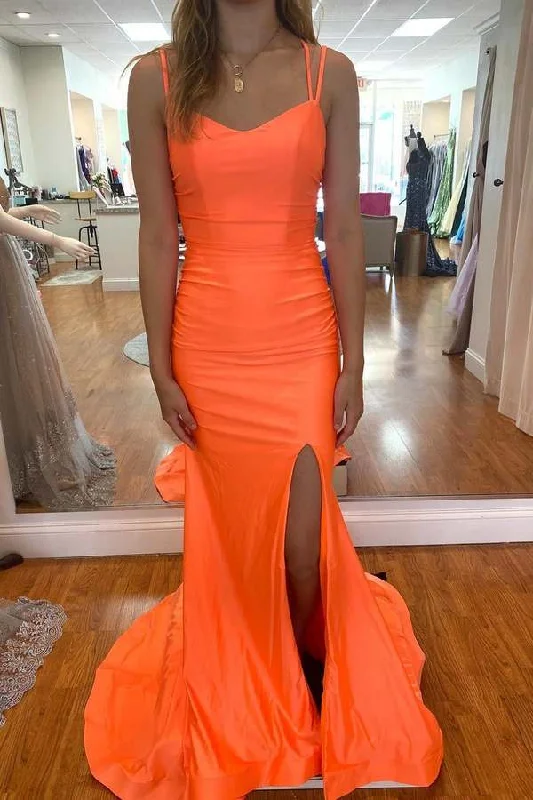 Limited Time Deal Orange Mermaid Long Prom Dresses Formal Evening Gowns Y486