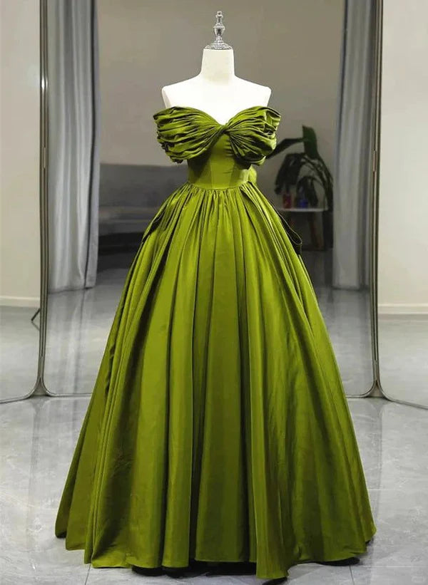 Limited - Stock Green A line Off Shoulder Satin Long Party Dress Formal Prom Gown MD7712