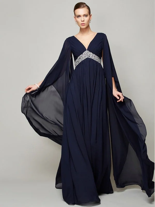 Art Deco Geometric Pattern Look A-Line/Princess V-neck Long Sleeves Beading Long Chiffon Dresses