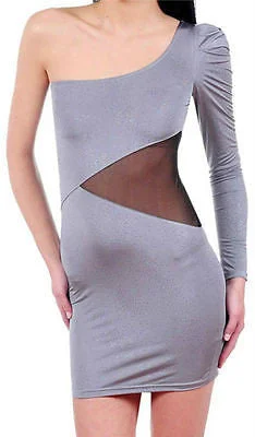 Save On Classic Elegant Styles Dress Mini One Shoulder Shimmer Sparkle Gray See Thru Mesh Long Sleeve