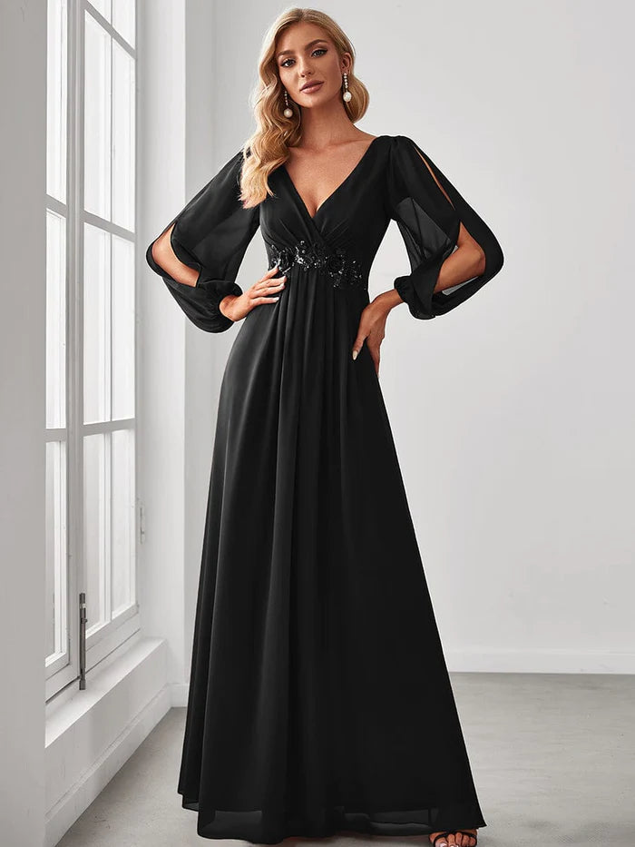 Today Only Elegant Chiffon V-Neckline Long Sleeve Formal Evening Dress