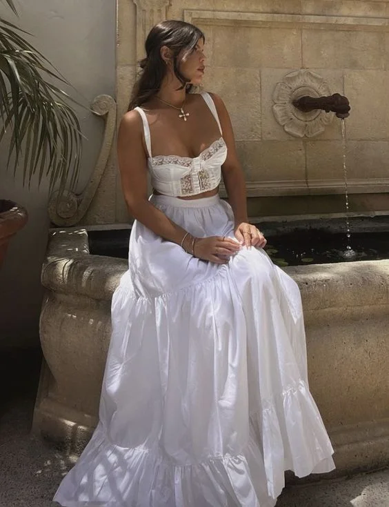 Spring Fling Sale Elegant Two Piece White Prom Dress,White Formal Gown Y7038