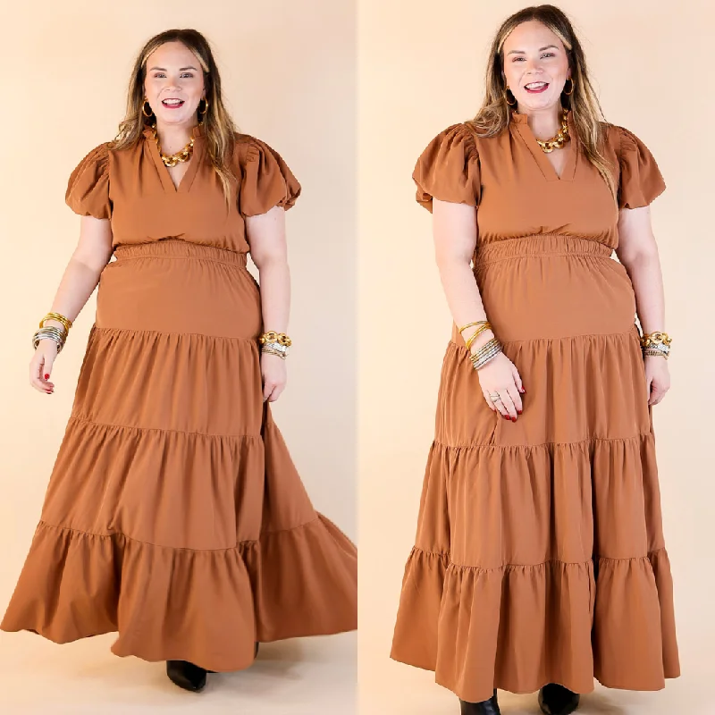 Seasonal Fashion Table for Two Tiered Maxi Dress with Puff Sleeves in Clay Rust Orange