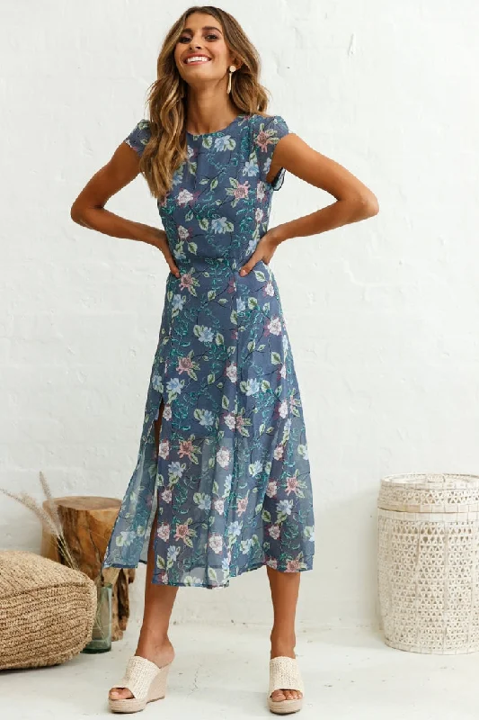 Limited - Time Bundle Becky Cap Sleeve Crew Neck Midi Dress Floral Print Ink