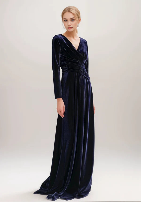 Wardrobe Update Sexy Long sleeves V-Neck tilting ruched waist wrap Velvet Dress