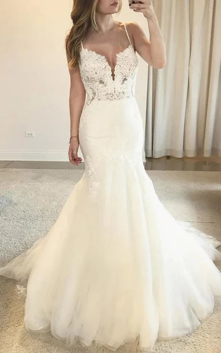 Hot Styles Mermaid Spaghetti Notched Tulle Deep-v Neck Wedding Dress