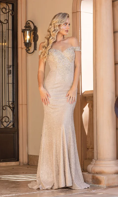 Clearance Event Gold Off The Shoulder Shimmer Formal Gown