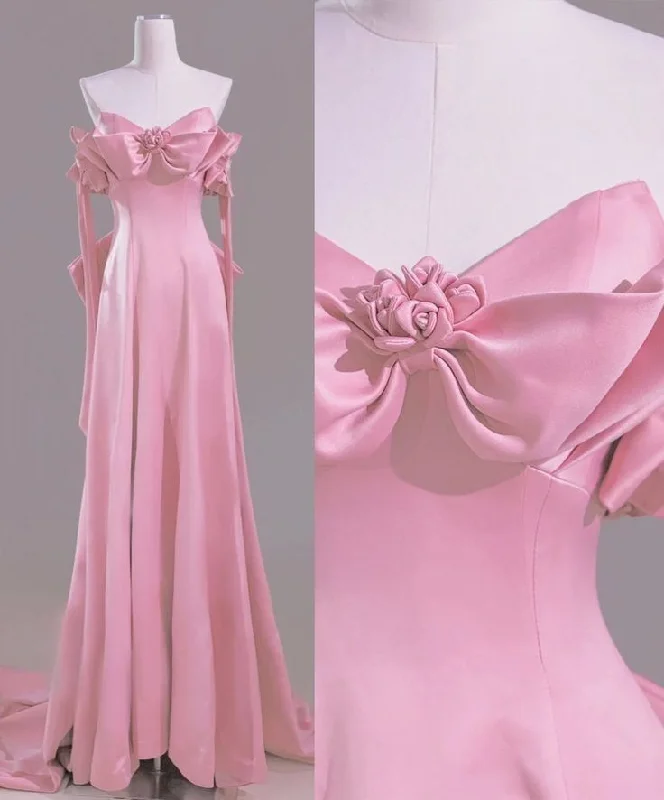 Budget-Friendly Fashion Pink Strapless A-Line Satin Long Formal Evening Party Dress, MD7858