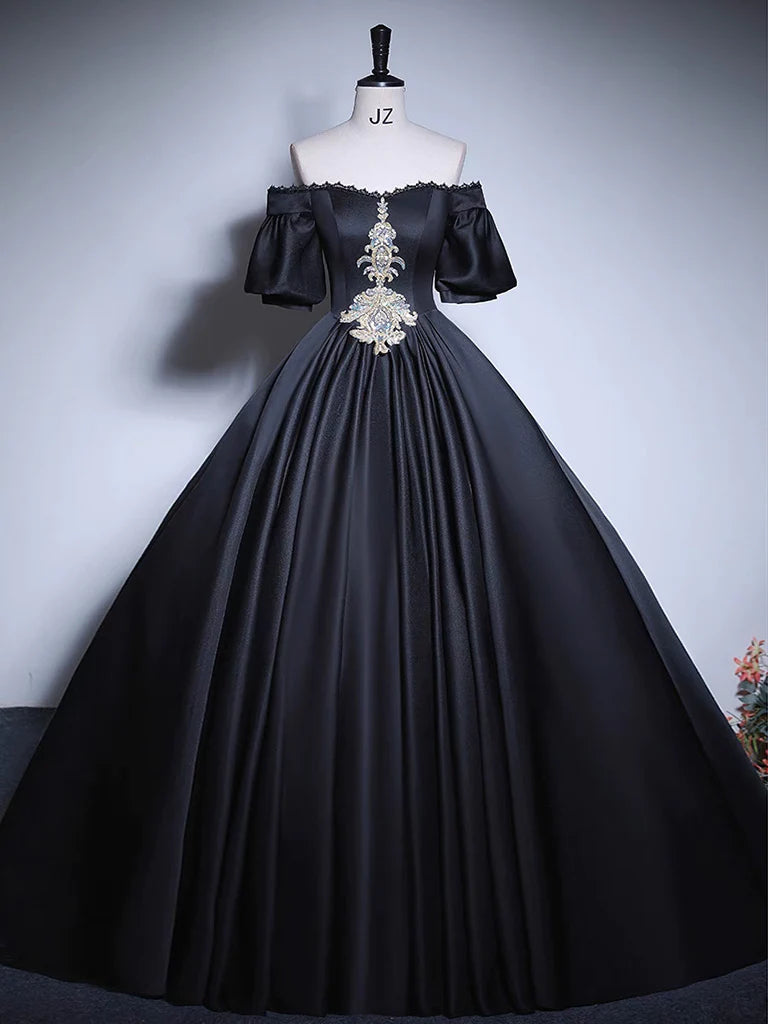 Tropical Island - Inspired Attire Black A-Line Satin Long Prom Dress, Black Satin Long Formal Dress MD7172