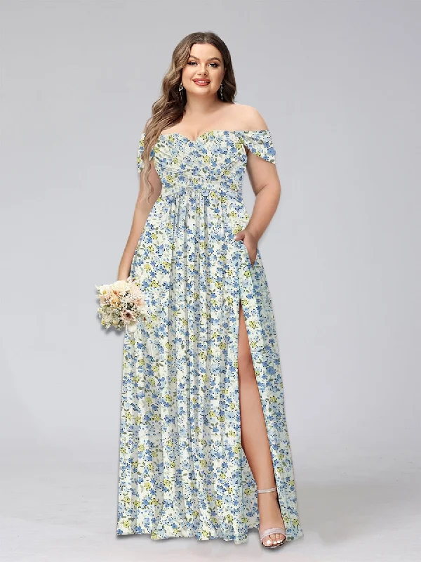 Score Big On Glamorous Red - Carpet Styles A-Line/Princess Off-the-Shoulder Short Sleeves Split Side Plus Size Floral Bridesmaid Dresses